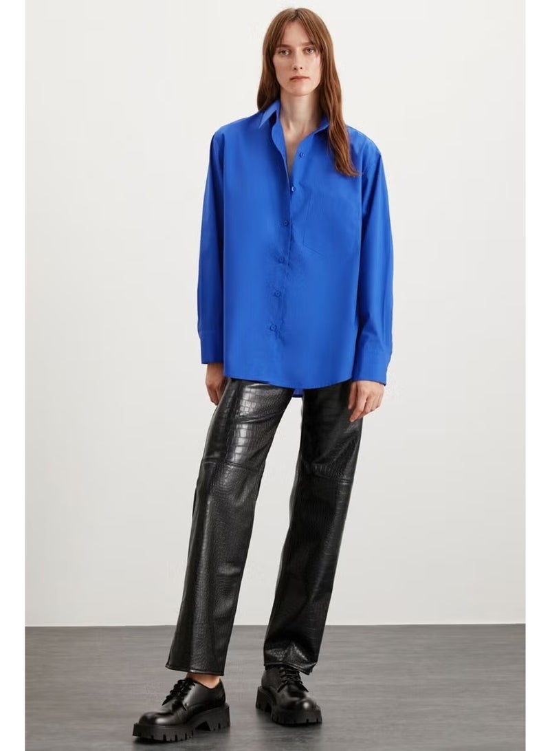 GRIMELANGE Celia Women's 100% Cotton Oversize Pattern Single Pocket Long Navy Blue Shirt - Image 2